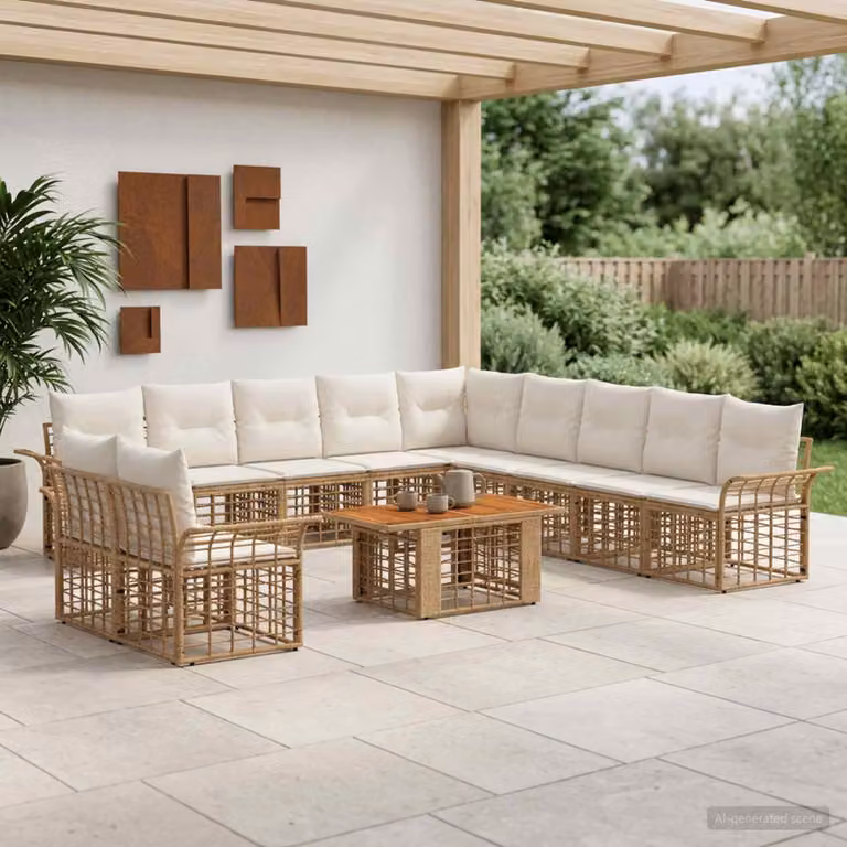 Set Divano da Giardino vidaXL 12 pz in Polyrattan con Cuscini e Tavolino, Design Moderno a L, Colore Naturale e Bianco Crema