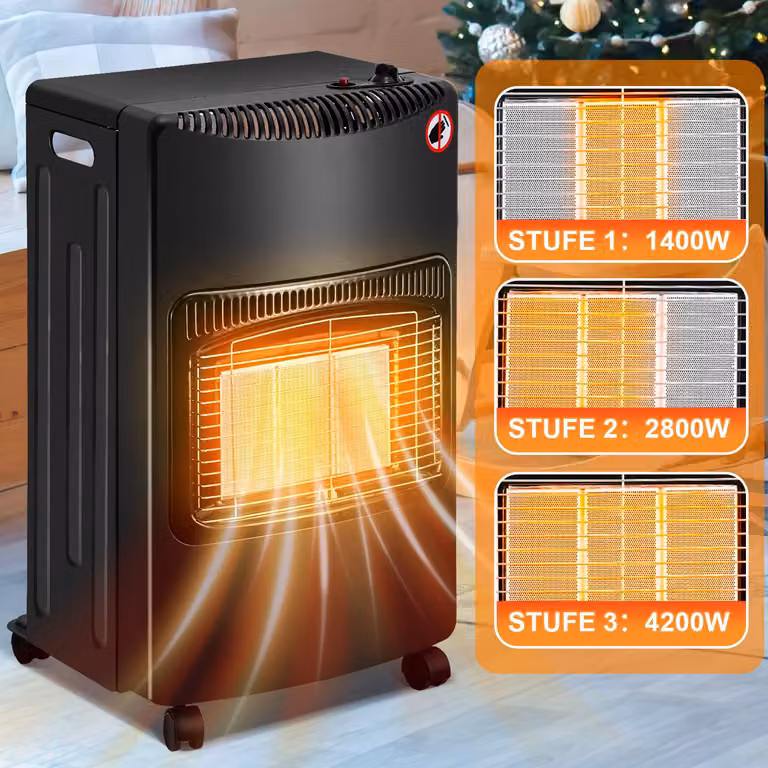 Riscaldatore a gas Ikodm, 4200W, con piastra in ceramica, 3 livelli di riscaldamento, sistema di sicurezza anti-ribaltamento e rilevatore di gas, completo di regolatore di pressione e tubo, dotato di 5 ruote, inclusi 2 adattatori EU