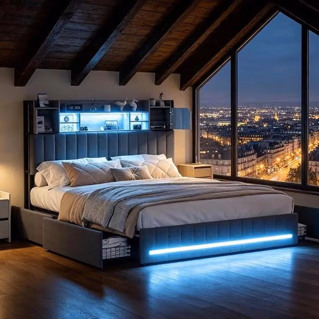 Letto matrimoniale 140x200 cm con 4 cassetti;Testiera del letto con contenitore con LED e USB; Grigio lino