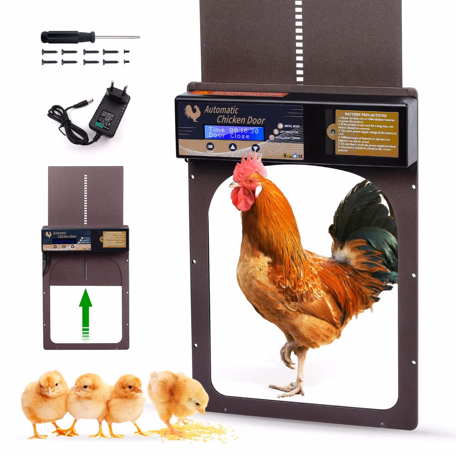 Apertura automatica per pollaio, con display a LED e timer