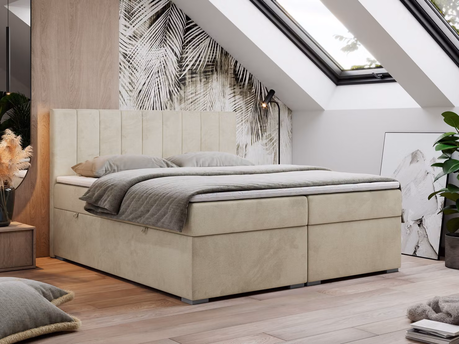 Letto boxspring 200x200, letto 200x200 con materasso e coprimaterasso, letto boxspring con cassetti, letto matrimoniale - LOPE - 200x200 - Beige - Velvet - H4