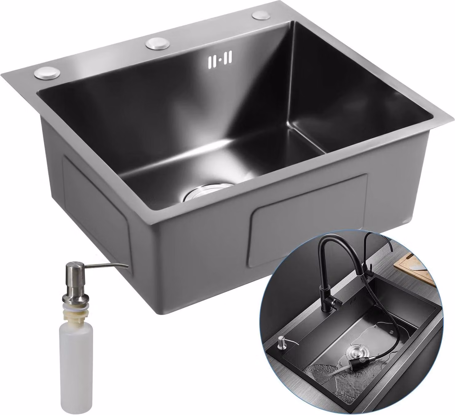 Lavello da cucina - Vasca singola sottopiano - Acciaio inox 201 - Rettangolare - Con dispenser sapone 200 ml - Senza rubinetteria - 50×45×20 cm - 2 mm - Nero
