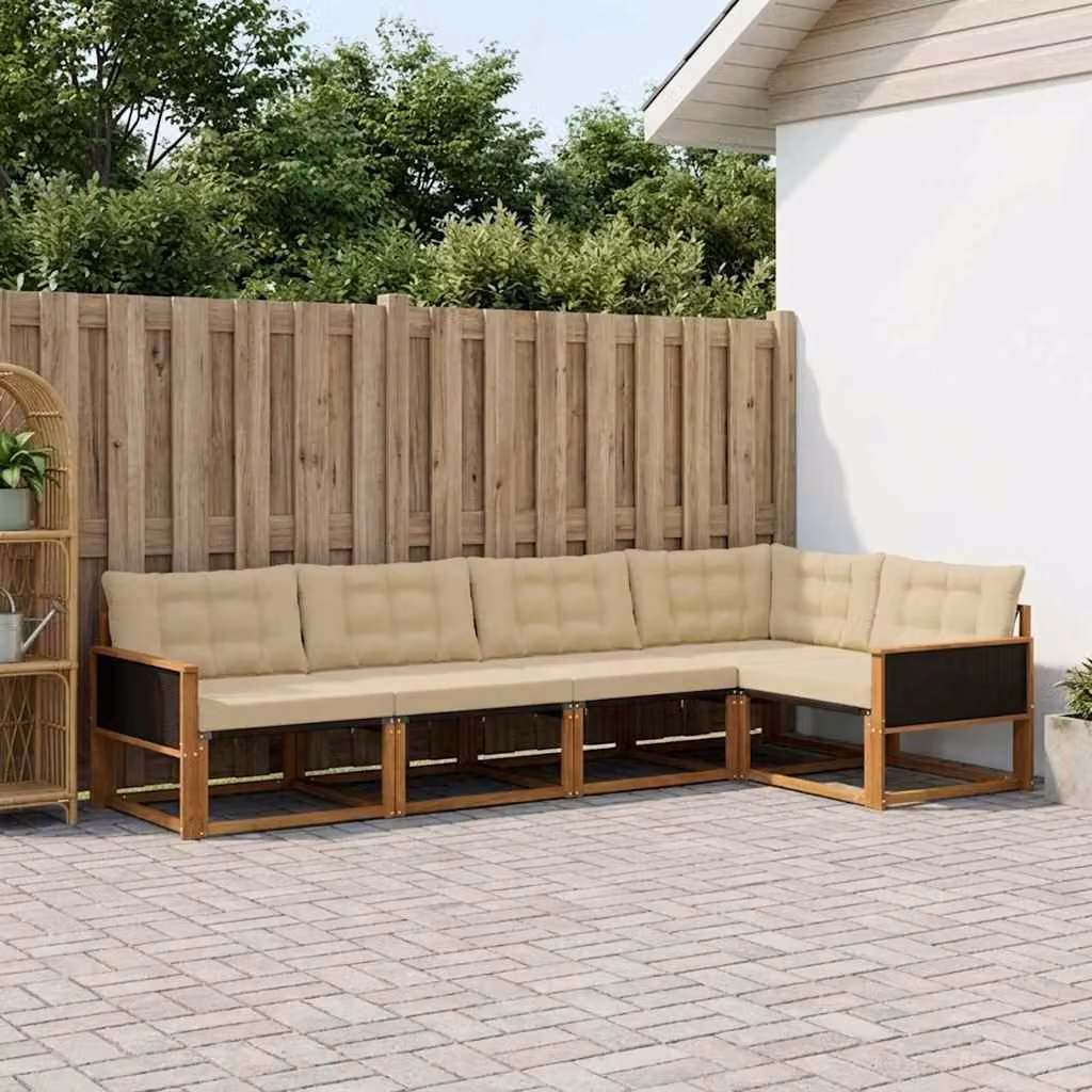 Set di divani da esterno vidaXL 5 pz a forma di L in legno di acacia con cuscini beige e marrone