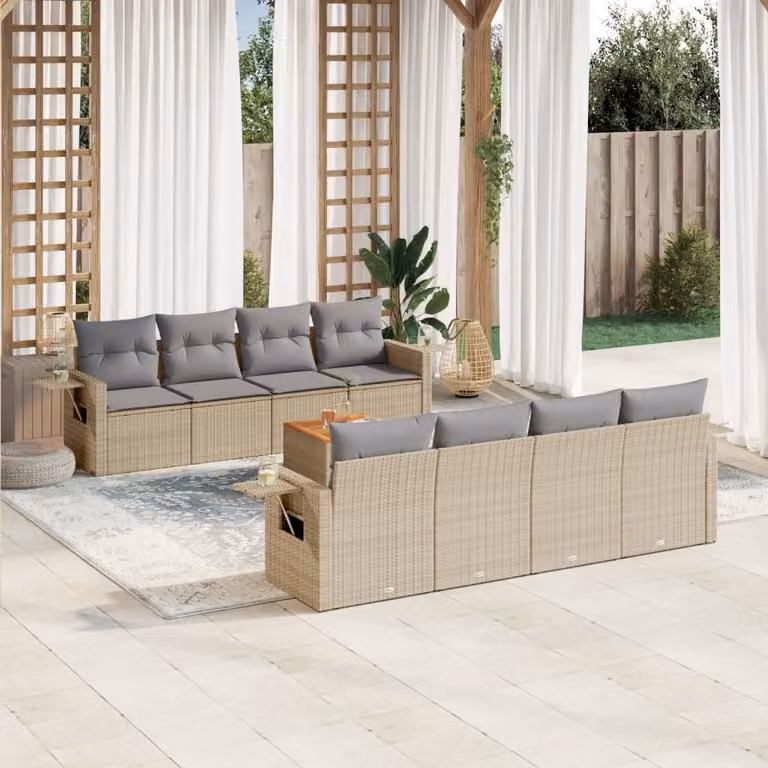 Set Divano da Giardino vidaXL 9 pz in Polyrattan con Cuscini Beige e Grigio per Terrazza e Giardino
