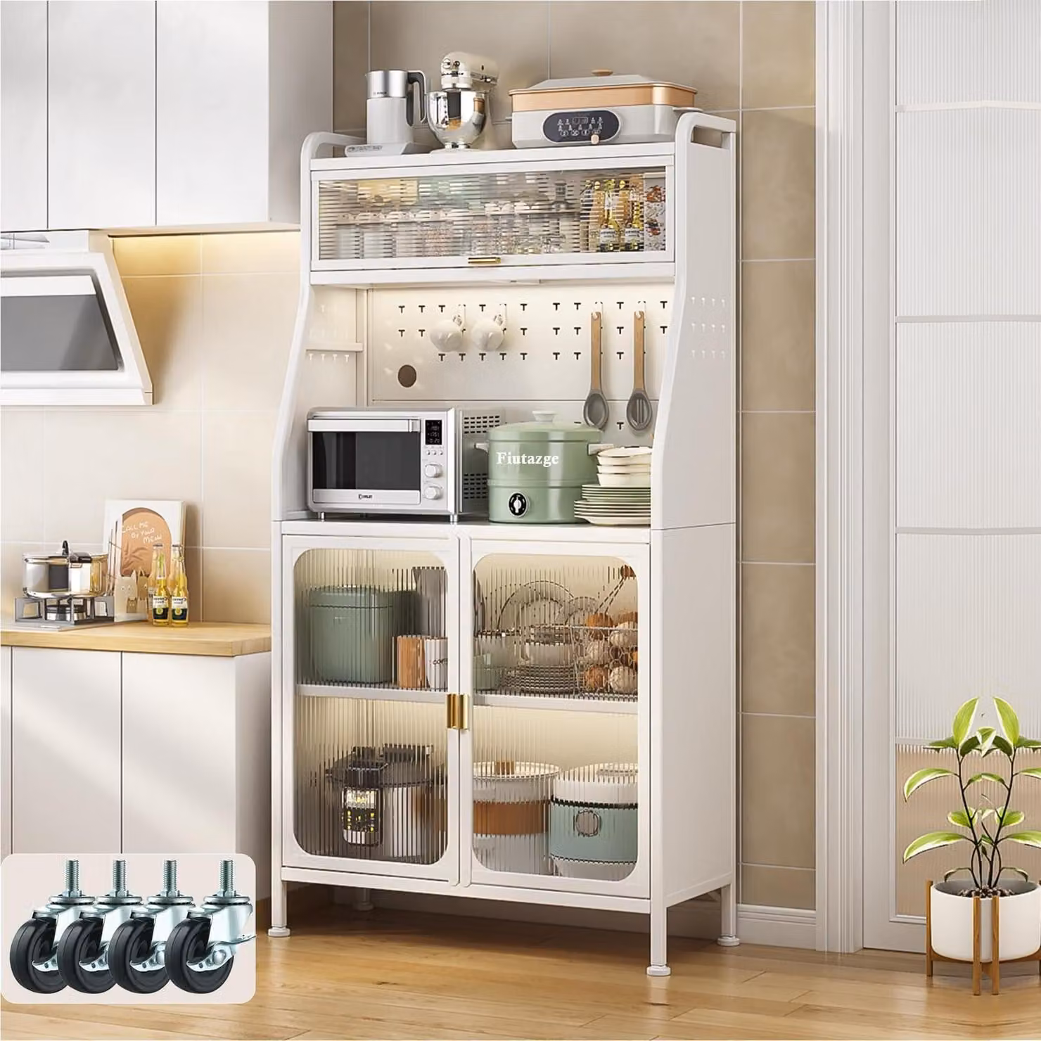 Mobile da cucina con piano di lavoro, vetrina, credenza, colore bianco, dimensioni 160 x 66 x 36 cm