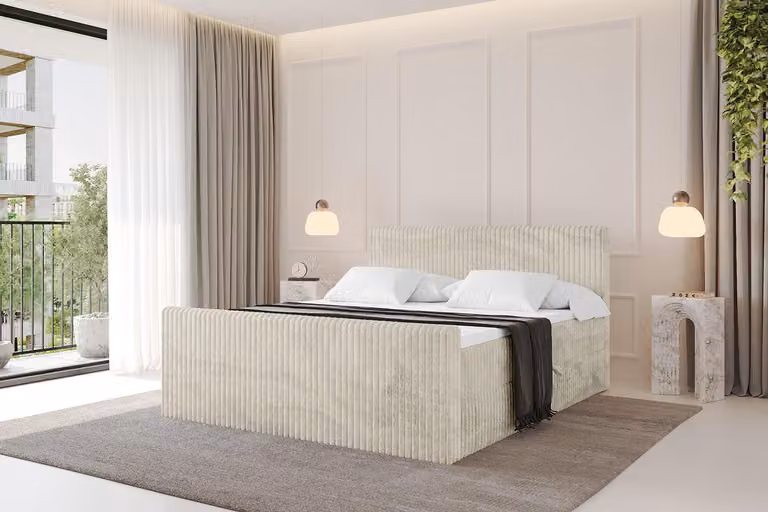 Letto boxspring ALTDECOR con pediera - TOLO-Z 140x200 Cord - Crema - Set completo con materasso a molle Bonell e topper, letto imbottito con materasso H3 e contenitori, rete a doghe, letto con contenitore, letto matrimoniale, letto box