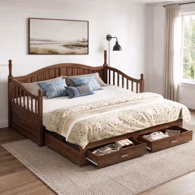 Letto estraibile multifunzionale in legno color noce con due cassetti rete a doghe e schienale curvo