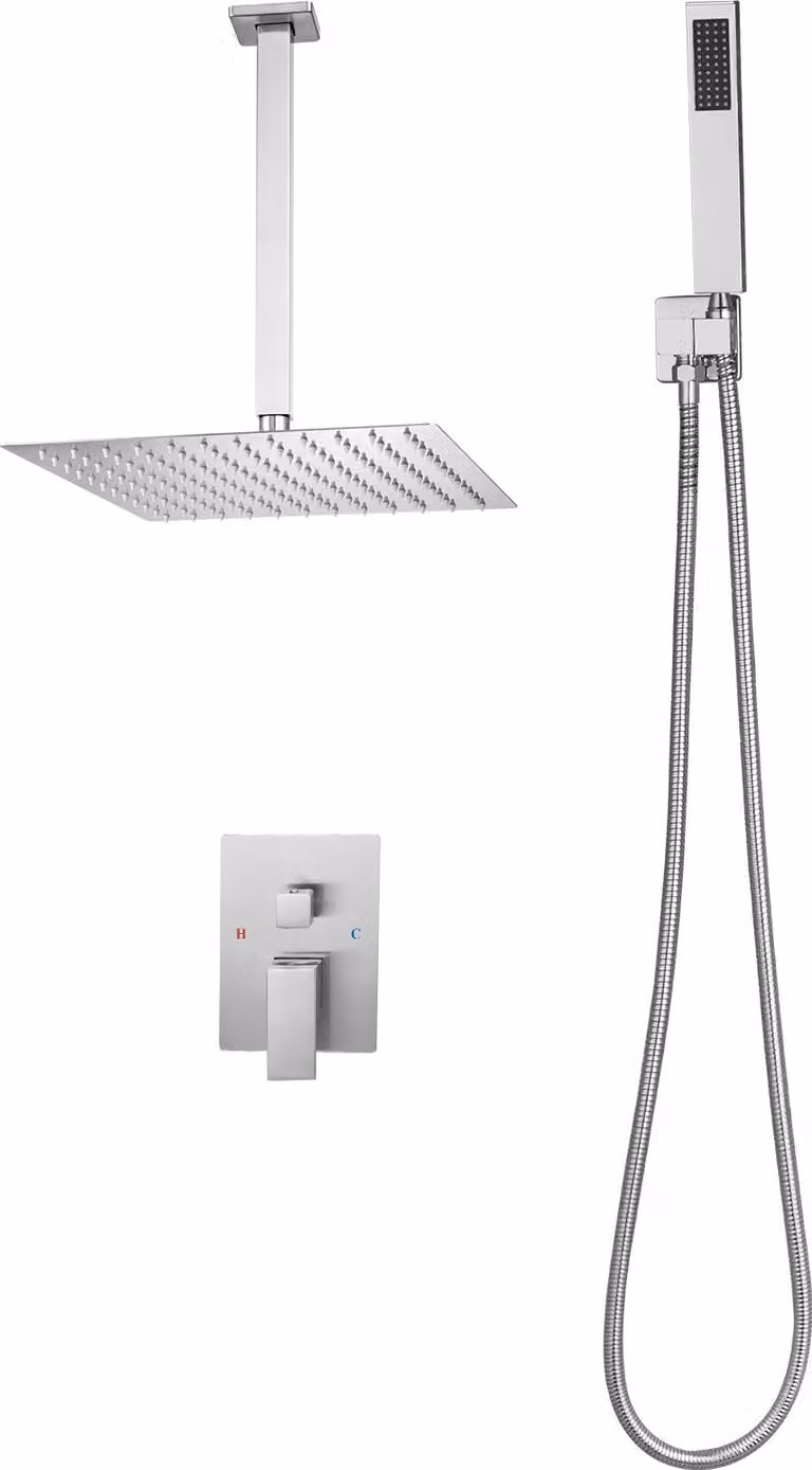 SucceBuy miscelatore doccia a pioggia per bagno con soffione a pioggia quadrato da 305 mm e doccetta, rubinetteria a soffitto con valvola in ottone e set decorativo, nichel spazzolato