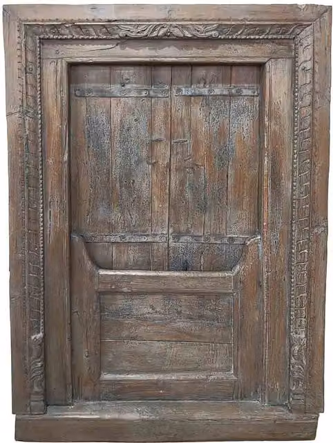Finestra artigianale WANDERLUST DECO in legno e metallo con decorazione floreale ed etnica, colori marrone e grigio, L: 99 cm, P: 11 cm, H: 148 cm