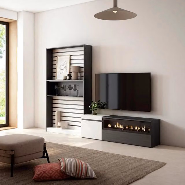 Mobile TV da soggiorno SKRAUT HOME con camino elettrico, per TV fino a 65 pollici, Bianco e nero, L/P/H: 260 x 35 x 186 cm – 1