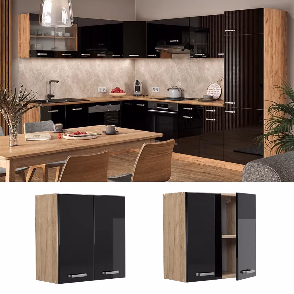 Pensile da cucina Vicco R-Line moderno nero lucido e rovere con ante a battente L 60 cm x H 31 cm x P 14,3 cm – 2