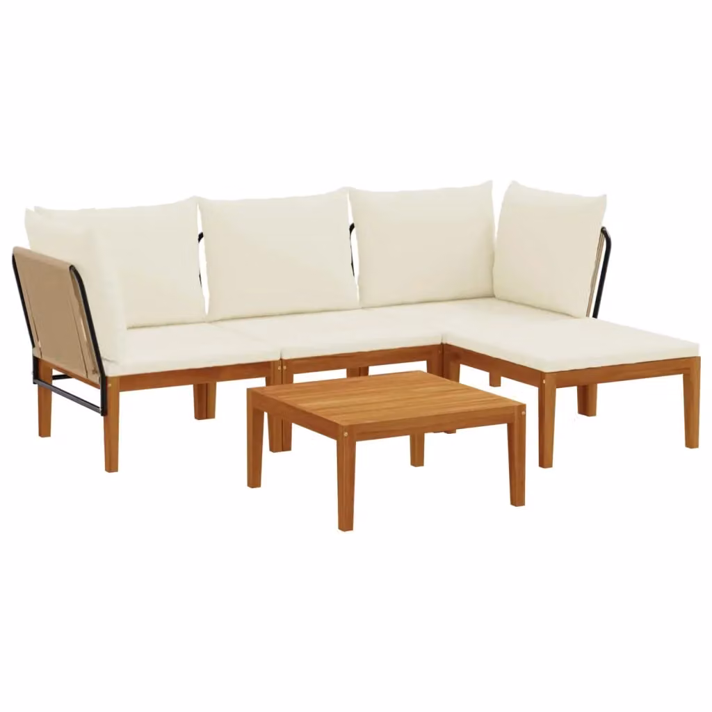 Set da giardino moderno vidaXL in legno di acacia con cuscini beige e bianco composto da divano angolare a 2 posti, pouf, elemento d'angolo e tavolino da caffè – 2