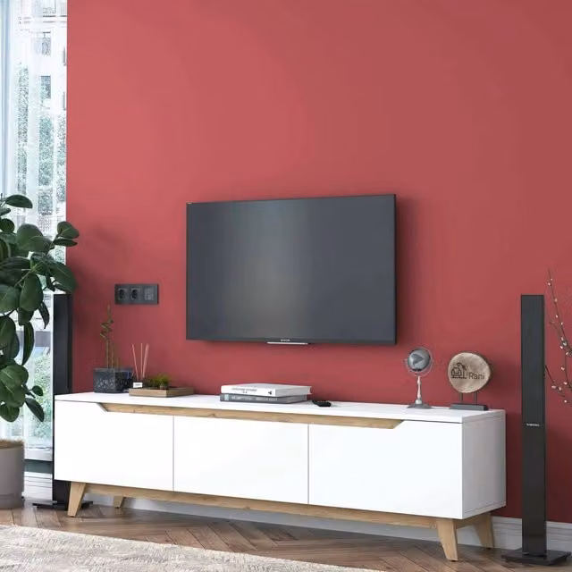 Mobile porta TV Apatite DMORA, Credenza moderna per soggiorno in Bianco e Rovere, L: 180 cm, P: 35 cm, H: 48,6 cm – 1
