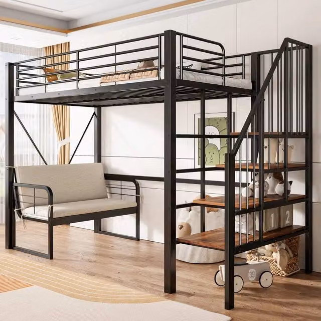 Letto a Castello con Divano Imbottito ¨C Xylo ¨C Metallo Nero, Contenitore, 90x200
