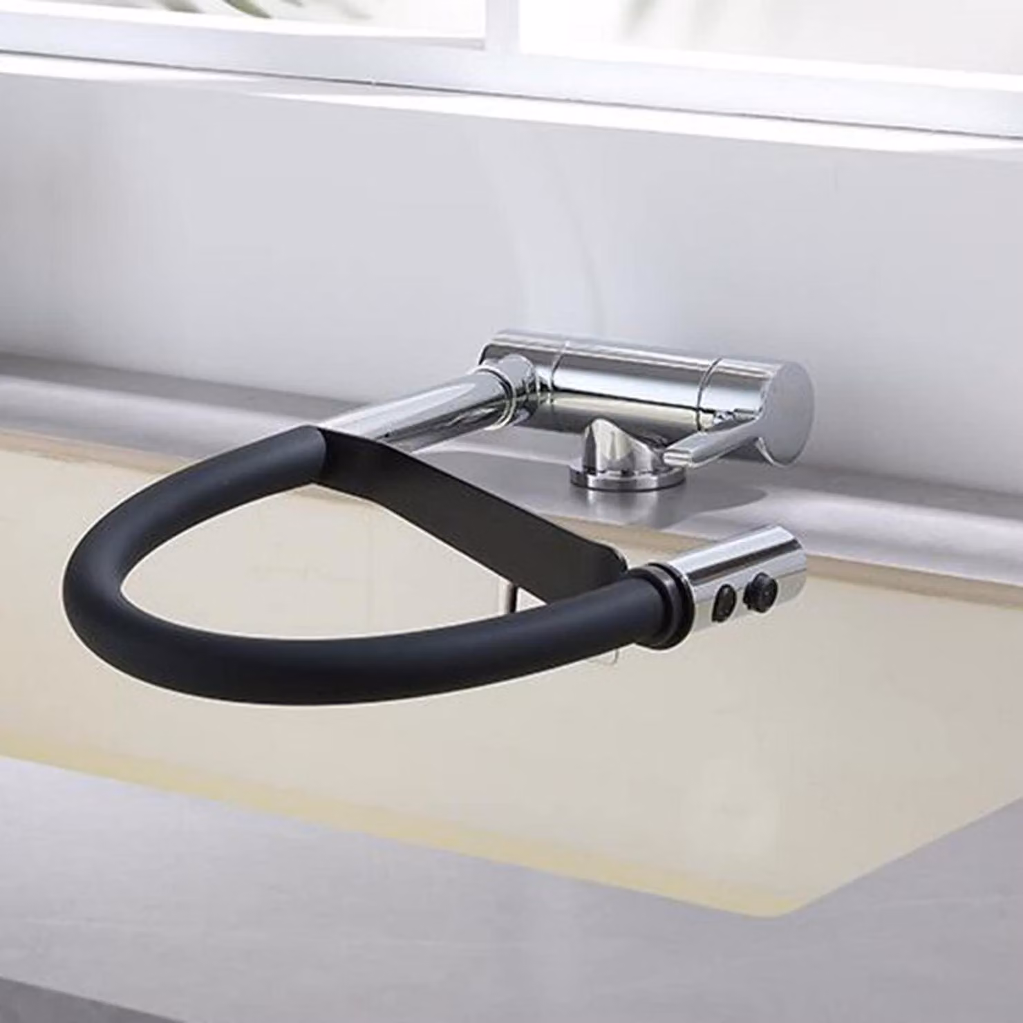 Miscelatore per cucina, montaggio su finestra, ribaltabile, ottone cromato, altezza 75 mm