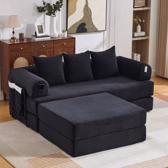 Divano modulare a L WISHDOR in velluto a coste nero con pouf coordinato, struttura in metallo e cuscini inclusi – 1