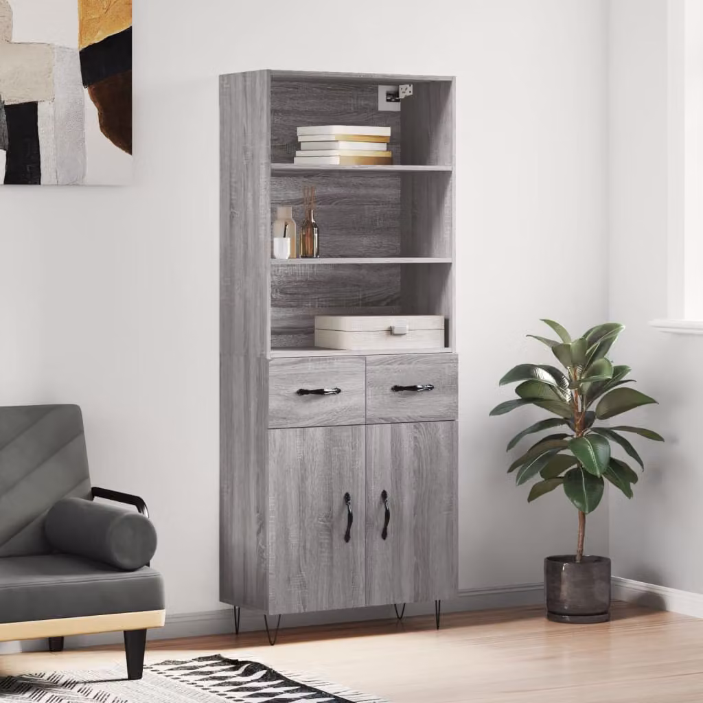 Credenza moderna vidaXL in legno e metallo, Grigio, L: 69,5 cm, P: 34 cm, H: 180 cm