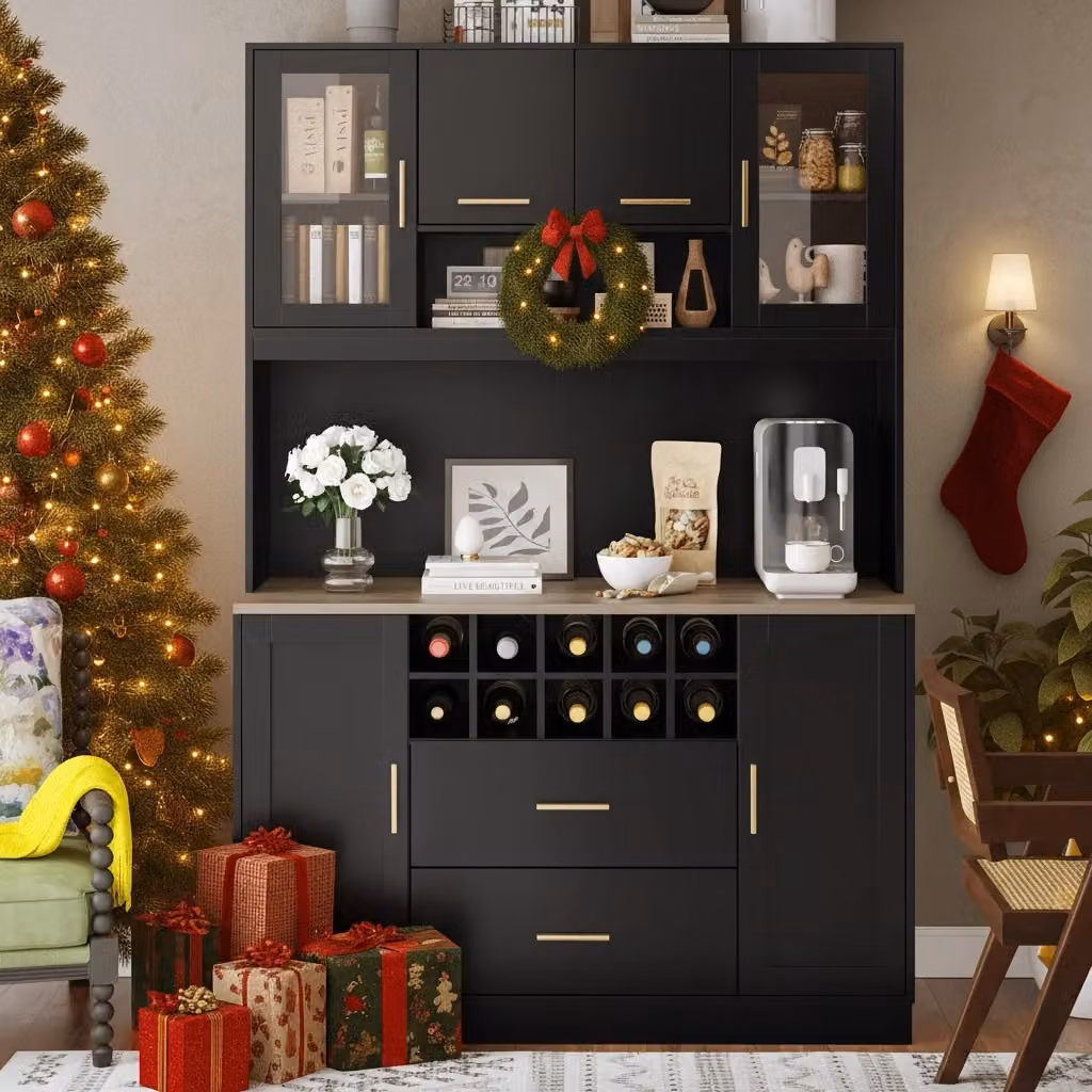 Credenza REDOM moderna in MDF e metallo nera e oro con illuminazione LED L/P/H: 120 x 36,3 x 180 cm – 2