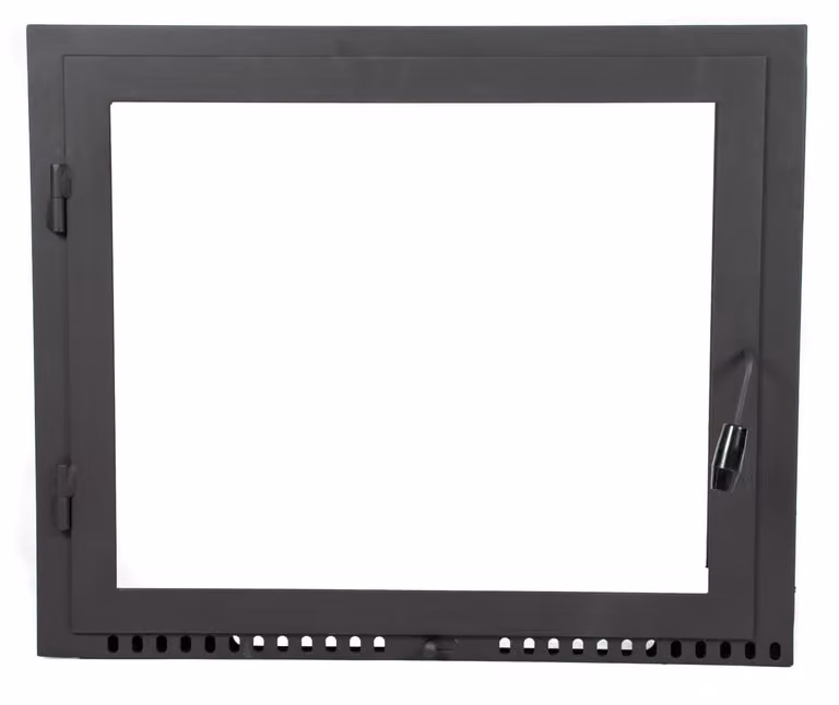 Porta forno per pizza 75x50 cm con vetro resistente al calore, porta in acciaio con flangia e cerniera sinistra, ideale per forni o camini 750×500 mm.