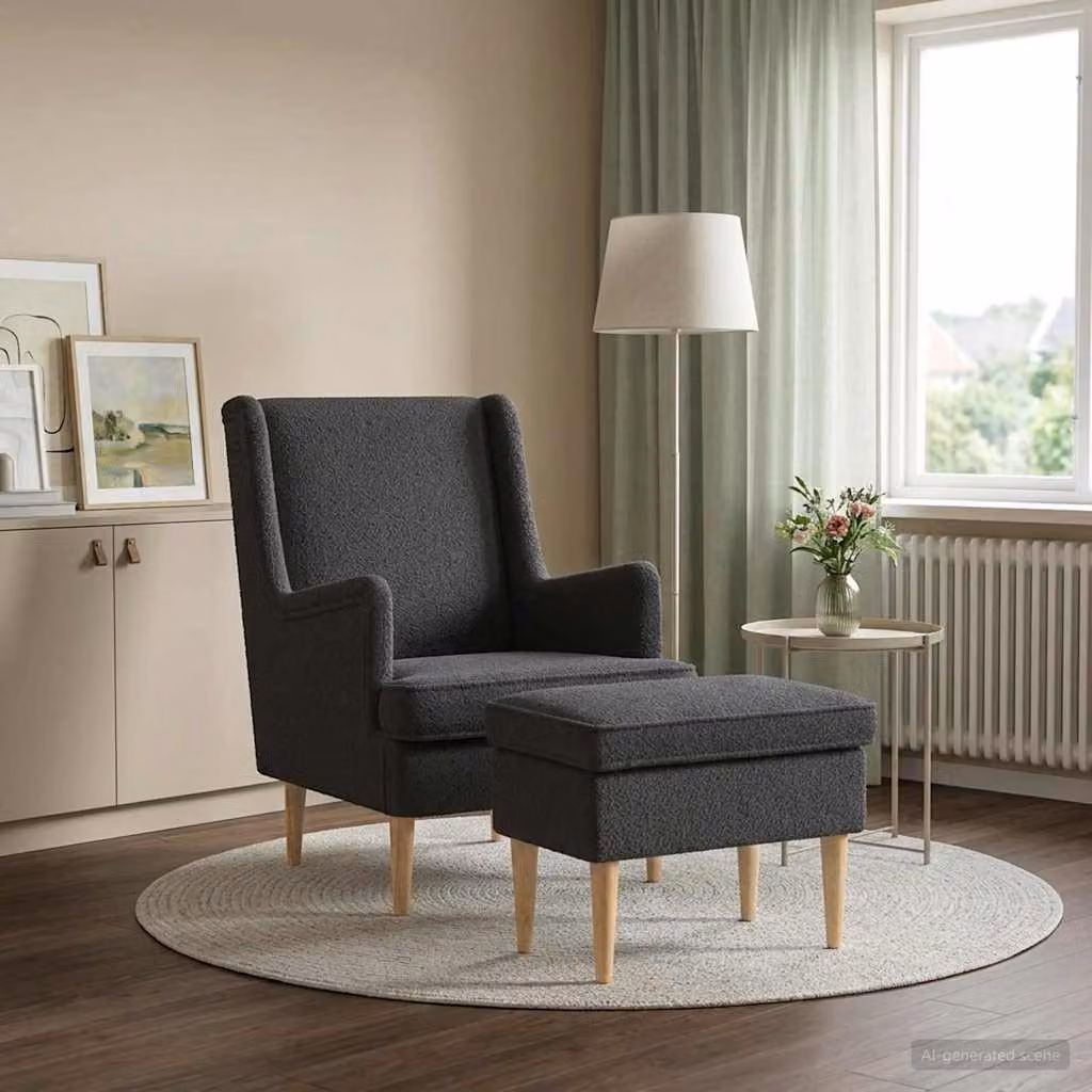 Set di Poltrona con Ottomano vidaXL in Tessuto Bouclé Grigio per Soggiorno e Camera da Letto