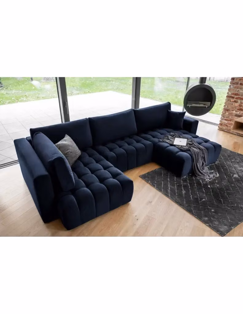 Divano ad angolo BONITA MEUBLORAMA convertibile 6 posti blu notte in tessuto con lato destro, funzione letto e poggiatesta regolabile, L 350 cm x P 175 cm – 2