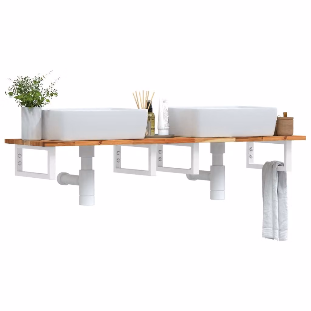 vidaXL Ripiano a Parete per Lavabo in Acciaio e Legno di Acacia Oliato, Bianco e Marrone, L: 40 cm, P: 17 cm, H: 40 cm