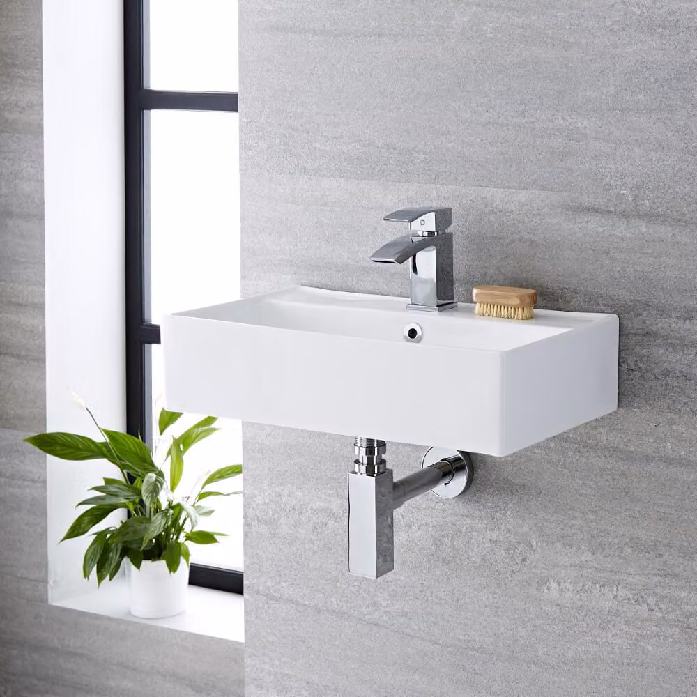 Lavabo Moderno Sospeso Bianco - 550mm x 310mm con Anello di Troppopieno Grigio (Pebble) - Halwell