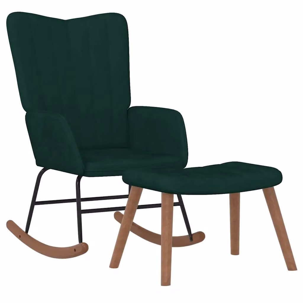 Poltrona a dondolo relax con poggiapiedi in velluto verde scuro e struttura moderna – 2