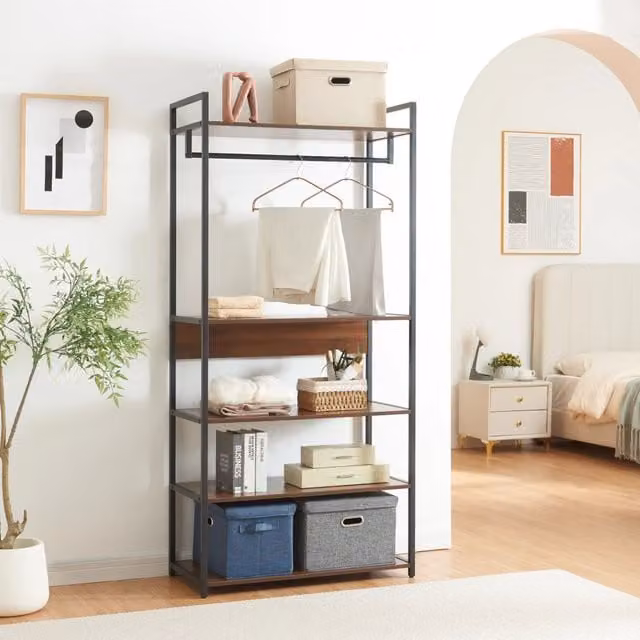 Organizzatore Guardaroba Larem en.casa con Ripiani e Appendiabiti in Metallo e MDF - Nero e Noce