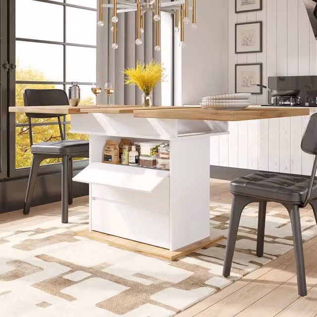 Tavolo allungabile e pieghevole WISHDOR in MDF e metallo, bianco e beige, ideale per cucina e soggiorno