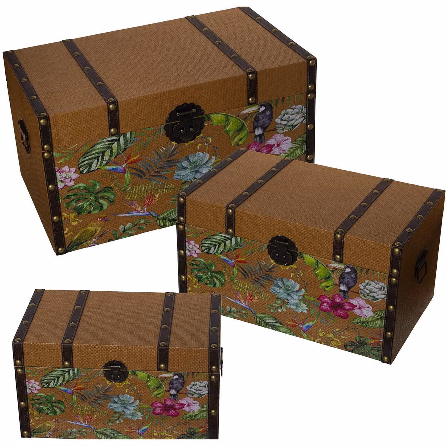 Set di 3 gabbie in legno MDF, motivo floreale, dimensioni 38x35x65 cm