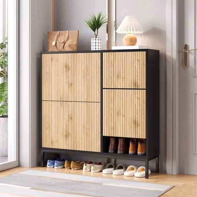 Scarpiera con panca Minimal 3 ante in legno e MDF con ripiani aperti per ingresso o camera da letto, disponibile in nero, marrone o beige