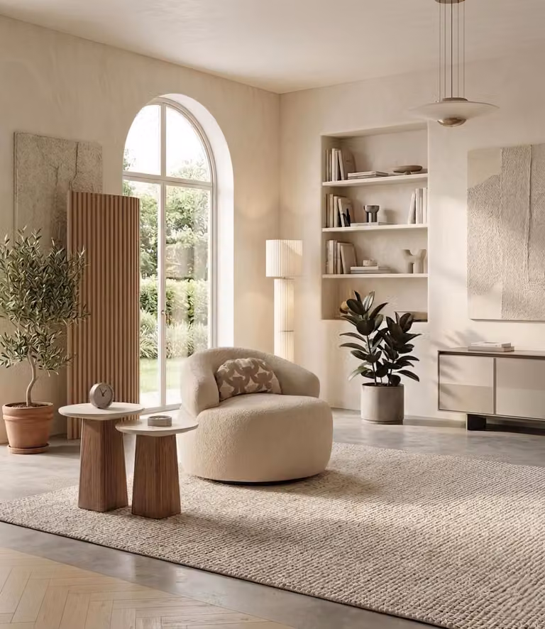 Tavolino ausiliario moderno, beige e marrone, elegante, forma rotonda
