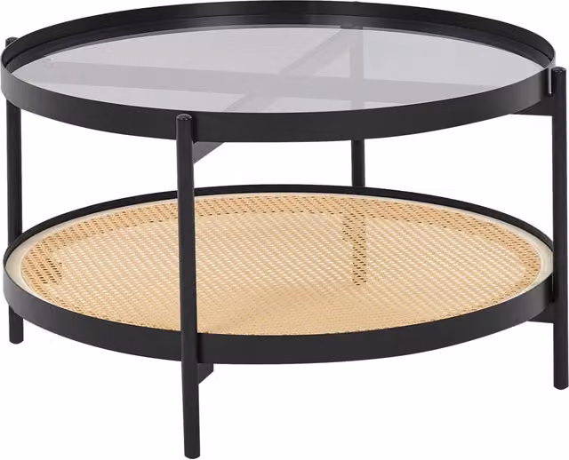 Tavolino rotondo BELIANI con piano in vetro e struttura in metallo nero e dettagli in rattan stile moderno