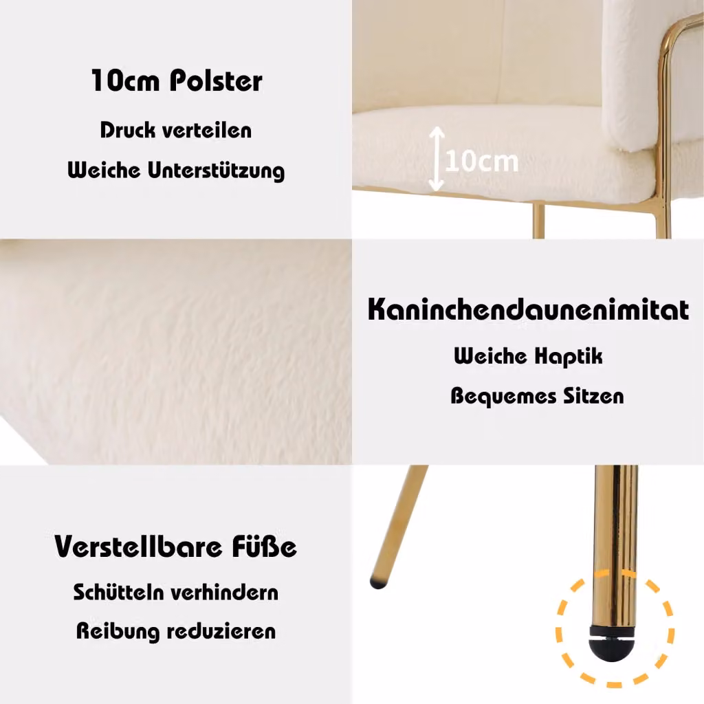 Set da 2 sedie relax REDOM in pelliccia sintetica bianca con gambe in metallo per soggiorno e camera da letto – 2