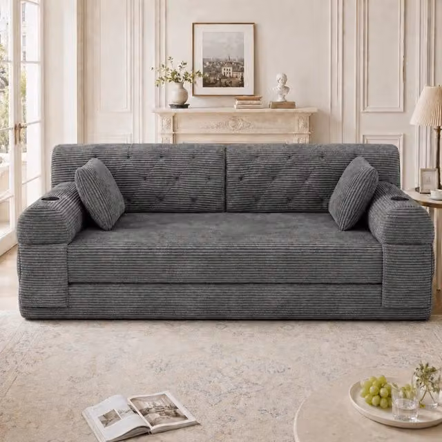 Divano Letto REDOM a 2 Posti in Velluto a Costine Grigio con Portabicchieri e Struttura in Metallo L/P/H: 168 x 80 x 81 cm