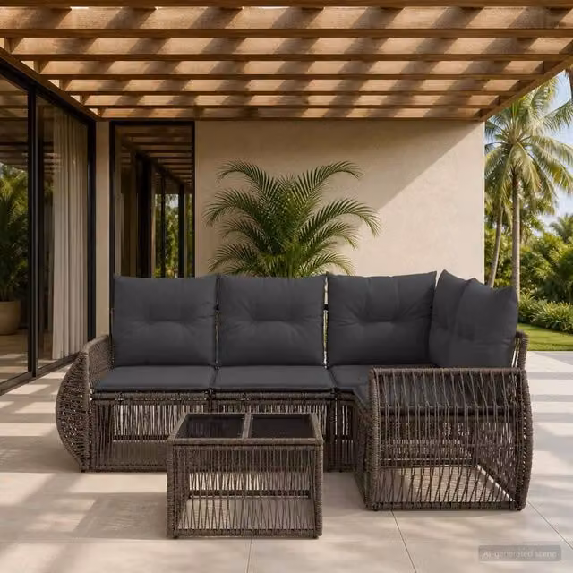 Set Divano da Giardino a L con Tavolino vidaXL, 5 Pezzi in Polyrattan Grigio e Antracite con Cuscini Imbottiti e Rivestimenti Rimovibili – 1