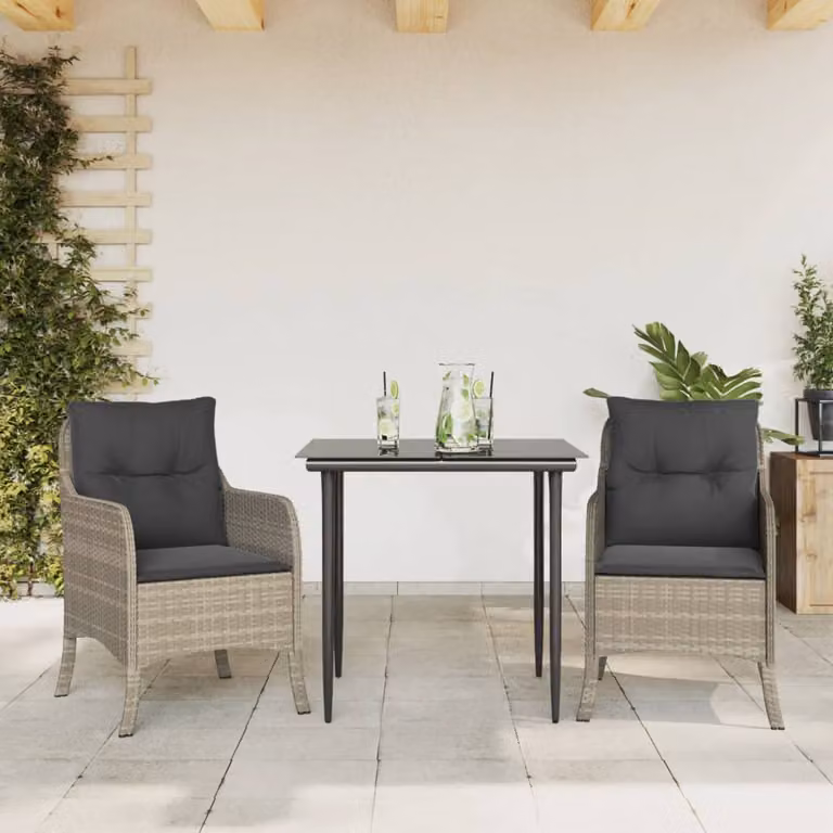Set Pranzo da Giardino vidaXL in Polyrattan con Cuscini e Tavolo in Vetro, 3 Pezzi, Grigio Antracite