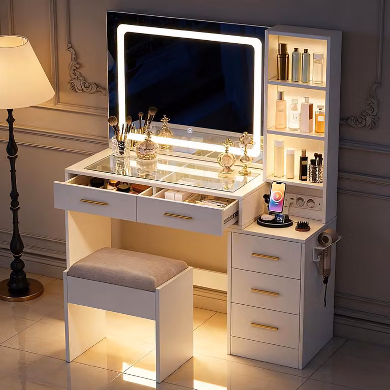 Set da trucco INONEFT con specchio a LED, porta di ricarica e spazio contenitivo. Ampio tavolino da trucco con specchio e sgabello, dotato di 7 cassetti e 4 ripiani