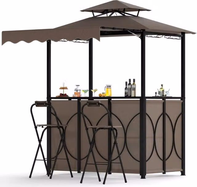 Set da giardino BBQ all'aperto composto da tavolo bar e 2 sgabelli pieghevoli con tettoia per gazebo, colore marrone
