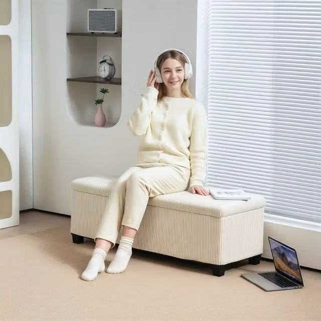 Panca contenitore OKWISH in tessuto effetto corda beige con seduta imbottita, L: 112 cm, P: 42 cm, H: 40 cm