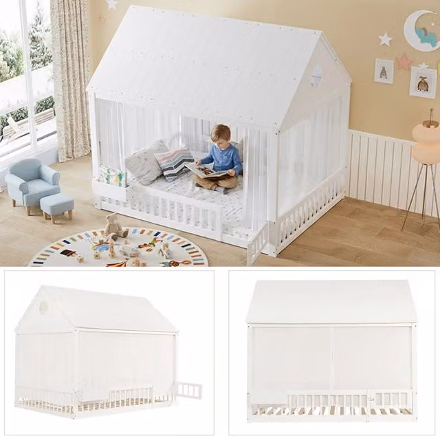 Letto a casetta per bambini 140x200 cm; struttura in pino e MDF con tendine; vano portaoggetti e rete a doghe; bianco