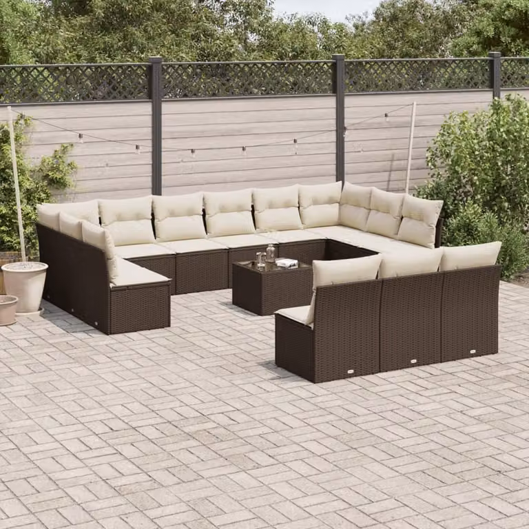 vidaXL Set Divani da Giardino a Forma di U con Tavolino e Cuscini, Struttura in Metallo e Polyrattan Marrone e Bianco