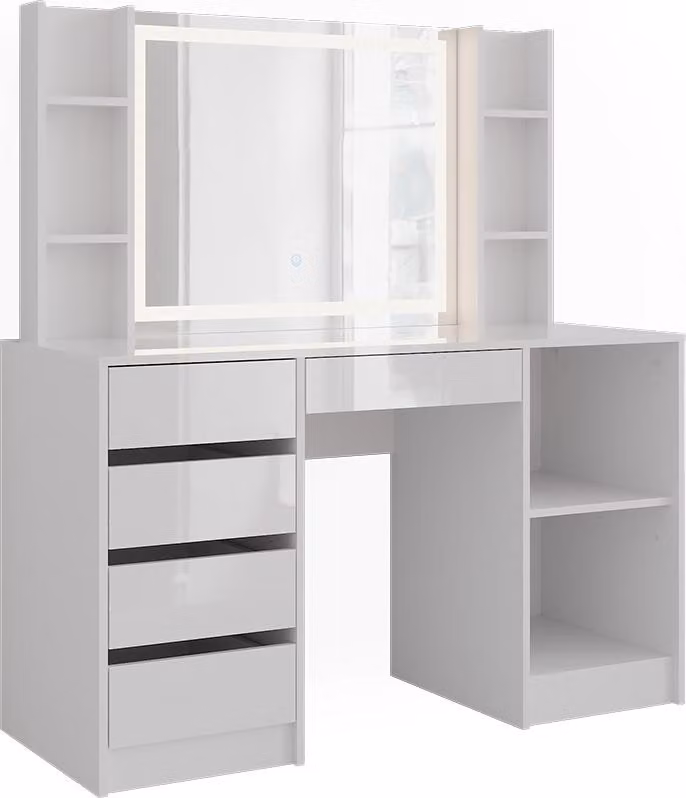 Tavolo da toeletta Vicco Sherry Bianco/Bianco lucido 128.2 cm con specchio a LED, Model 57633
