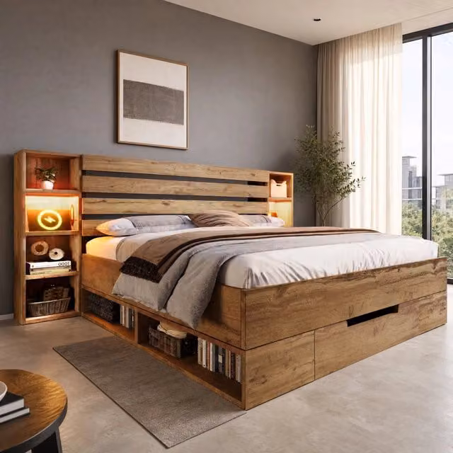 Letto Mivray con cassetti e vani a giorno in rovere, testiera con illuminazione LED e porte USB/USB-C, L/P: 160 x 200 cm