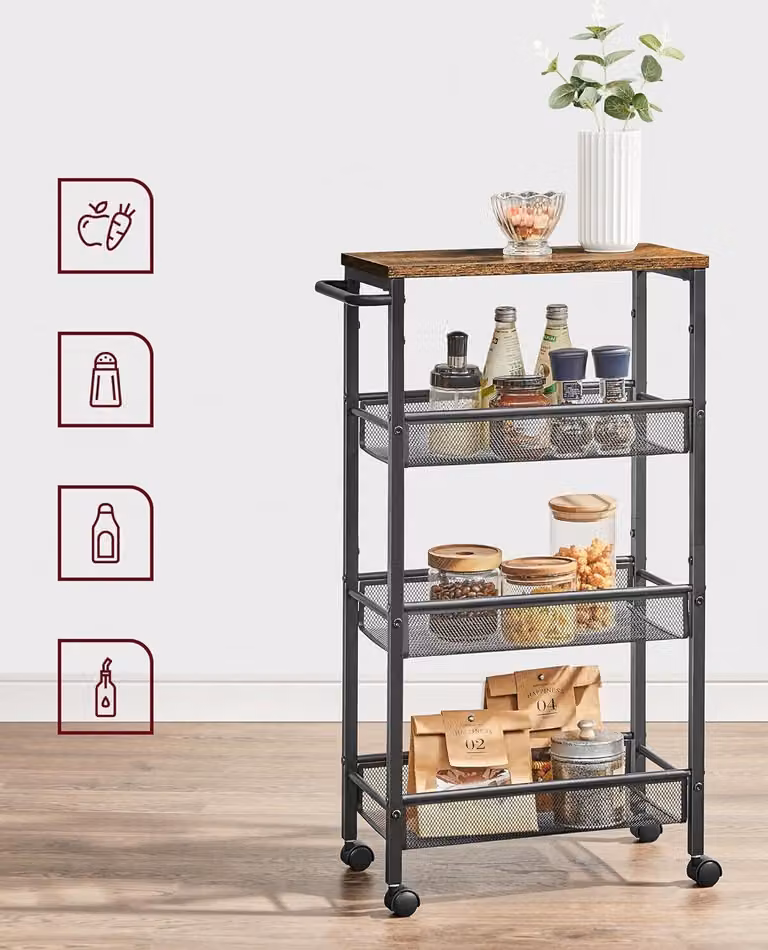VASAGLE carrello 4 livelli, carrello da cucina stretto, ripiano a nicchia su rotelle, acciaio, maniglia, per piccoli ambienti, 22 x 45,5 x 77 cm, cucina, bagno