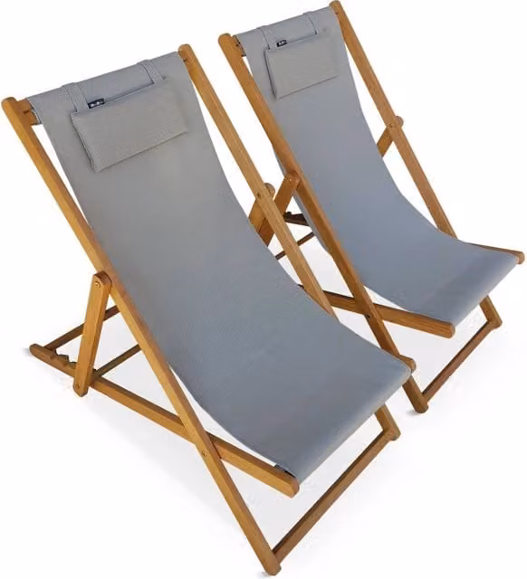 Set di 2 sedie sdraio Sweeek in legno trattato con poggiatesta regolabile e tessuto textilene, grigio e bruno – 1