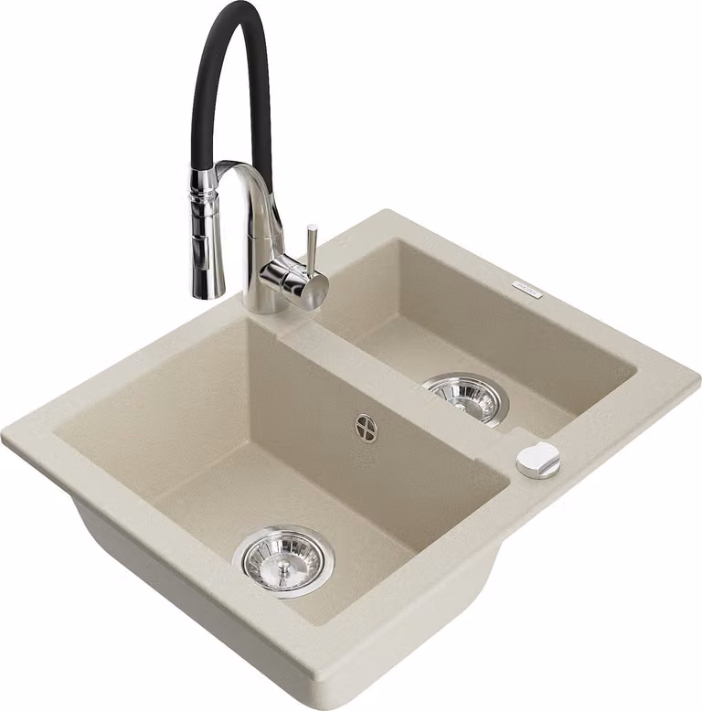 Mexen Carlos lavello in granito 1,5 vasca con rubinetto da cucina Aster, beige - 6518-69-73450-07