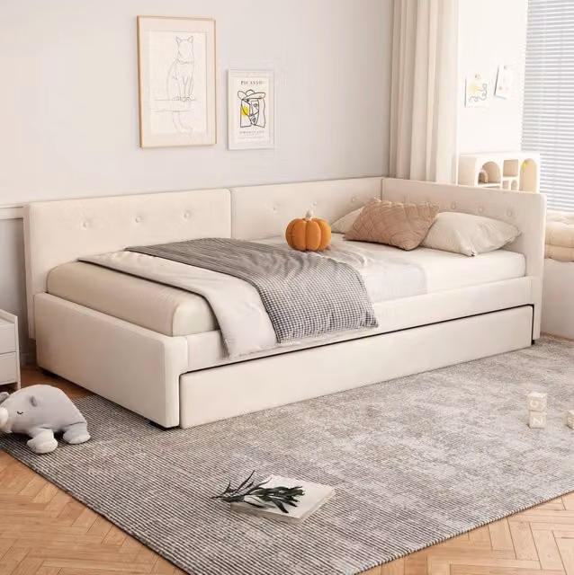 Letto singolo 90x200 cm con letto estraibile; velluto Beige chiaro
