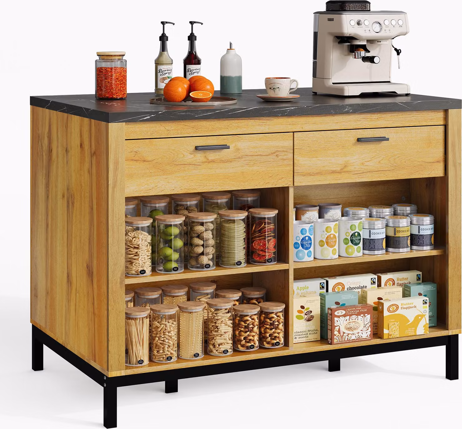 Fortuna Lai 120×75×90 cm, isola cucina in stile rustico – Isola cucina con 2 cassetti e 4 ripiani aperti, venature del legno di quercia, piano di lavoro in marmo nero, struttura in metallo, retro con zona bar